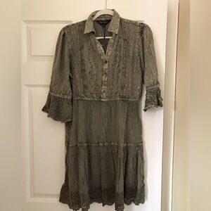 YOUNG THREADS NWT Dress Olive Washed Embroidered Boho Style Size Small & Medium